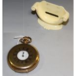 A Dennison Star gold plated half hunter pocket watch, enamel dial, bold Roman numerals,