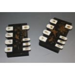 A pair of Japanese style black lacquer bridge score boards, inlaid and painted with insects,