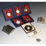 Boxes and Objects - a silver marcasite floral brooch, quartz pocket watches, hip flasks,