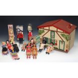 Toys - a painted wooden two storey dolls house, furniture, dolls,