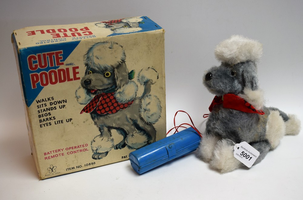 A Yonezawa Toys, Japan, Cute Poodle remote control model dog, grey and white fur,