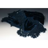 A large royal blue heavy chenille table cloth, fringed edging,