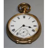 An American Waltham yellow metal cased fob watch, ornate floral outer case, white enamel dial,