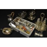 Metalware - a set of six silver teaspoons; a similar plated teapot, hot water jug,