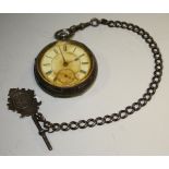 A silver pocket watch with silver fob and chain