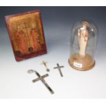 Religious Artefacts - a statue of Christ, glass dome; a religious icon; a crucifix; two others,