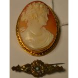 A Victorian carved shell cameo portrait brooch, profile bust of a maiden,