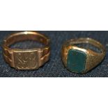 An unusual 9ct gold adjustable size signet ring, initialled SGB; another, bloodstone, 10.