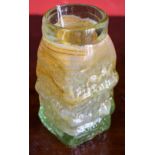 A uranium type vaseline glass slab sided vase of irregular form, circular neck, square base,