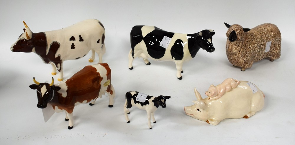 A Beswick model, Ayrshire bull, Champion Whitehall Mandate; others, similar, a Friesian cow,