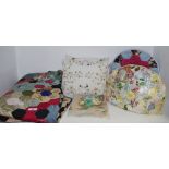 Textiles - a single patchwork bed spread, c.1940; patchwork tea cosy, c.