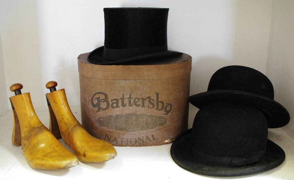 A Hanbidge Norfolk House Black Silk Top Hat, (size 7 3/4 x 6in); a Falcon Make bowler hat,