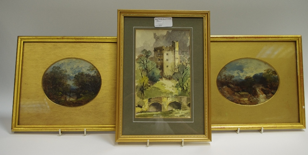 Pictures and prints - a country scene, oil on board, framed, another; Haddon, watercolour, framed.