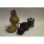 Wedgwood basalt press moulded miniature teapot; other pressed stoneware teapots;