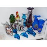 Decorative glass - a pair of Murano style fish; a Murano style cockerel; vases; etc.