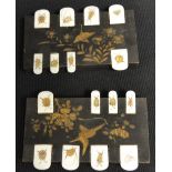 A pair of Japanese style black lacquer bridge score boards, inlaid and painted with insects,