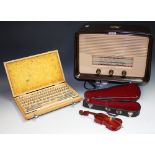 Boxes and Objects - a vintage HMV valve radio; inspection grade slip gauges,