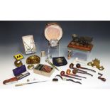 Boxes and Objects - a set of postal scales and weights; a leather collar box and collars,
