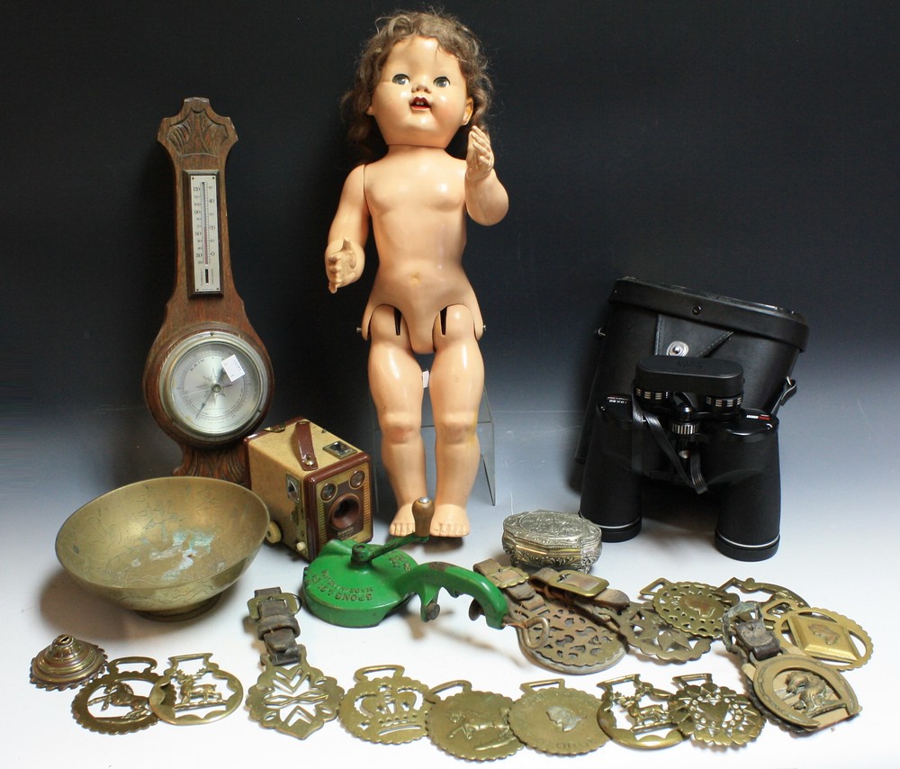 Boxes and Objects - a composite doll; a Brownie Six-20 Model F camera; a carved oak wall barometer;