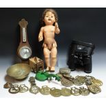 Boxes and Objects - a composite doll; a Brownie Six-20 Model F camera; a carved oak wall barometer;
