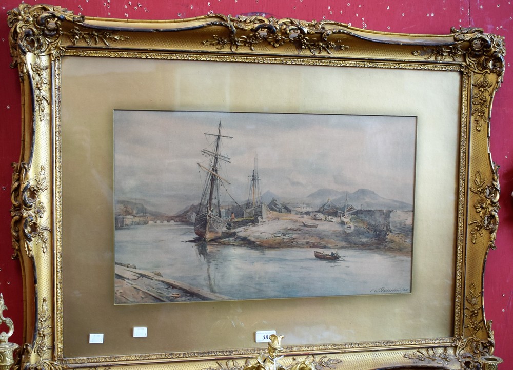 After Charles William Adderon (1866 - 1944), Boats in Harbour, a chromolithograph, gilt frame,