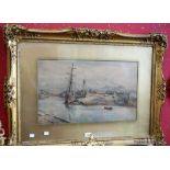 After Charles William Adderon (1866 - 1944), Boats in Harbour, a chromolithograph, gilt frame,