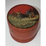 A Russian lacquer tobacco barrel, push-fitting cover painted with a sledge, 11cm high, c.