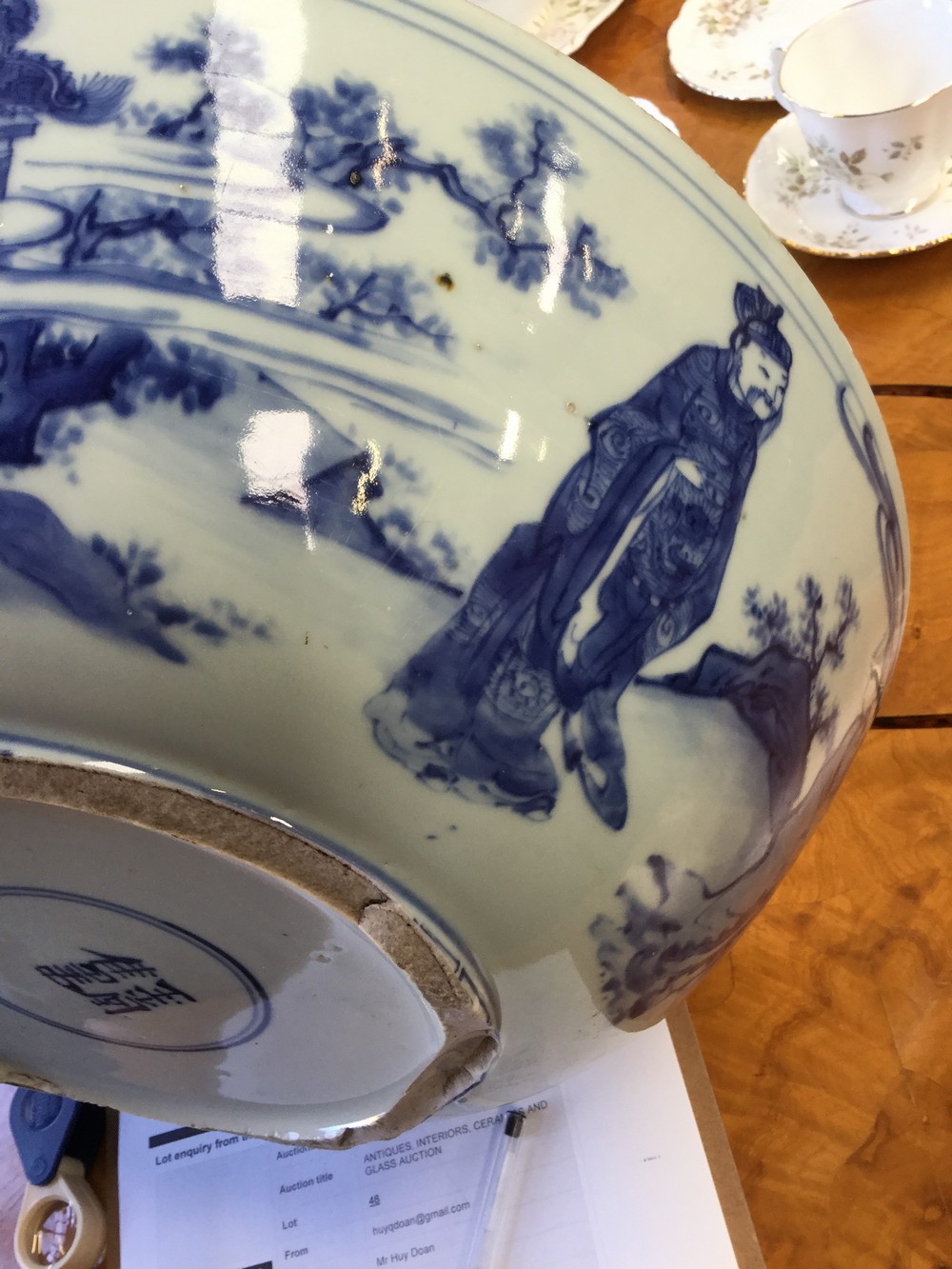 A large Chinese blue and white bowl, six character mark, - Image 6 of 9