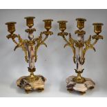 A pair of Louis XVI Revival gilt metal mounted specimen marble candelabra, 28.