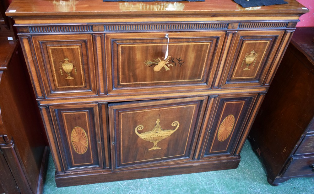 A Sheraton Revival marquetry secretaire side cabinet, in the manner of Edwards & Roberts,