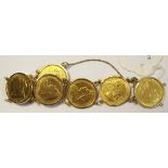 Gold sovereign bracelet - seven sovereigns 1894,1898 x 2, 1899,1900, 1901 x 2,