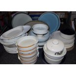 White tea and dinner ware including assorted two handled soup bowls, dessert dishes and plates,