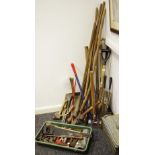 Tools - folding metal tool box; rakes; hedge loppers;