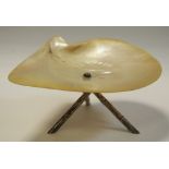 A Chinese silver and mother of pearl dish, faux bamboo base, Kwan Hing, Hong Kong, c.