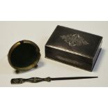 A rectangular steel box inlaid with silver; a 19th century pocket watch stand etc.