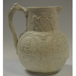 A William Brownfield Cobridge relief moulded Albion jug, depicting the emblems of the Union, c.