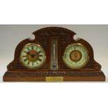 A late Victorian oak combination clock, barometer and thermometer, c.