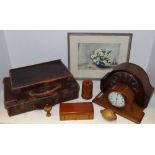 A Sheraton Revival walnut mantel clock, typically inlaid; two small leather suitcases; clocks; E.