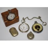 A silver open face pocket watch and chain; a continental fob watch; vesta c.