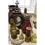 Brass and copperware - a copper and brass milk pail; an Eccles type 6 safety lamp;