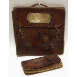 A leather satchel mounted with a silver plaque inscribed Southminster Essex;