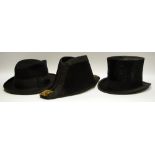 A 19th century bicorn hat; a Christys' silk top hat; a trilby,