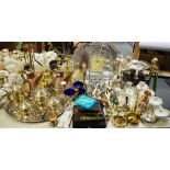 Metalware - a plated gallery tray; cutlery; candlesticks; brass trivets;