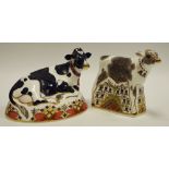 A Royal Crown Derby paperweight Friesian Cow, gold stopper, 1st quality,