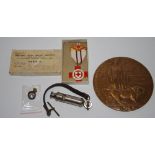 Militaria - a WWI death plaque awarded to John Ross; Red Cross medal; ARP whistle etc.