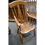 An elm spindle back chair, vasular shaped splat, outswept arms, saddle seat, double H stretchers,