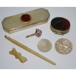 Bijouterie - a gold coloured metal and mother of pearl needle case,