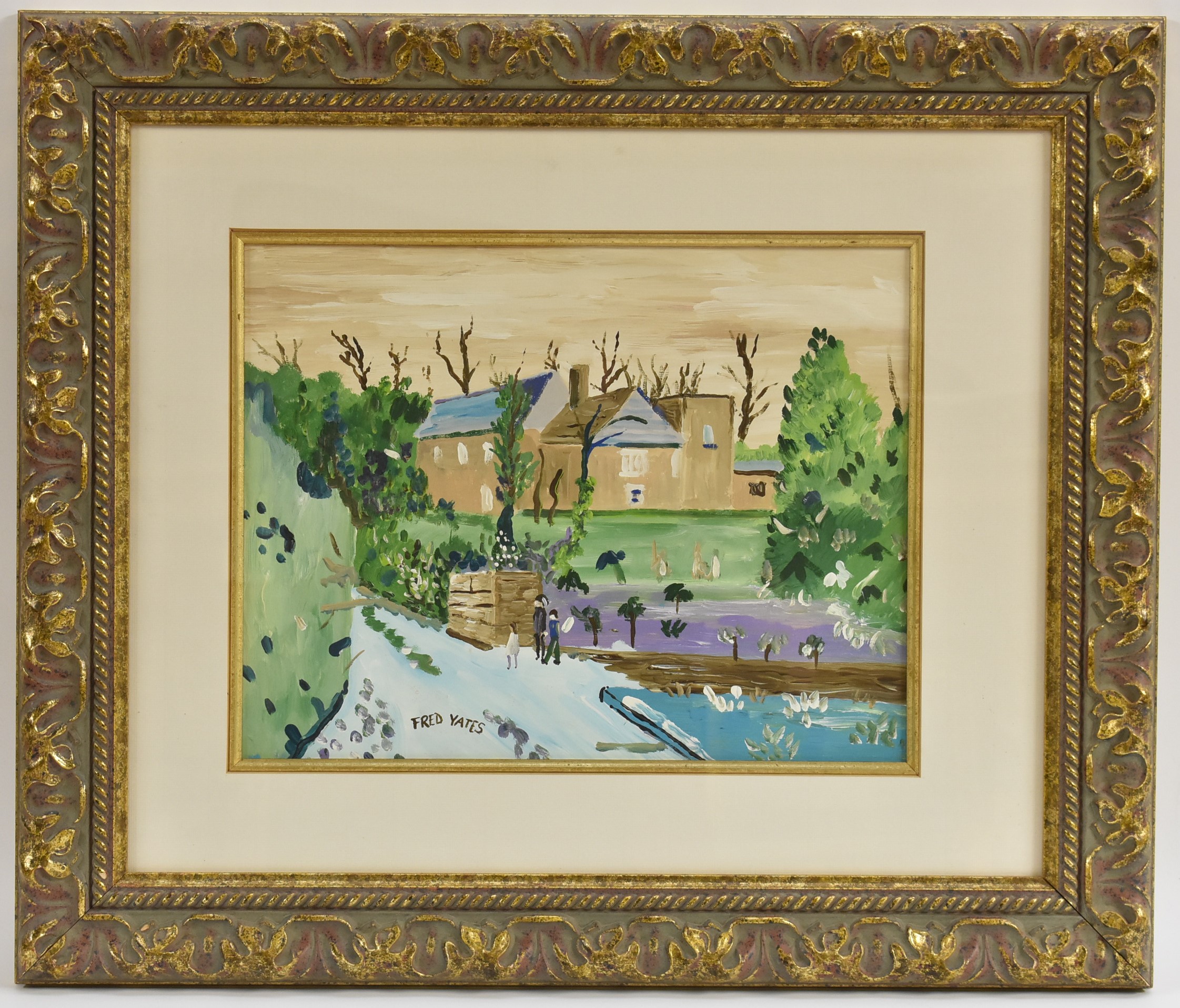 In the Manner of Fred Yates Village Scene with Figures with signature, but not by the named artist,