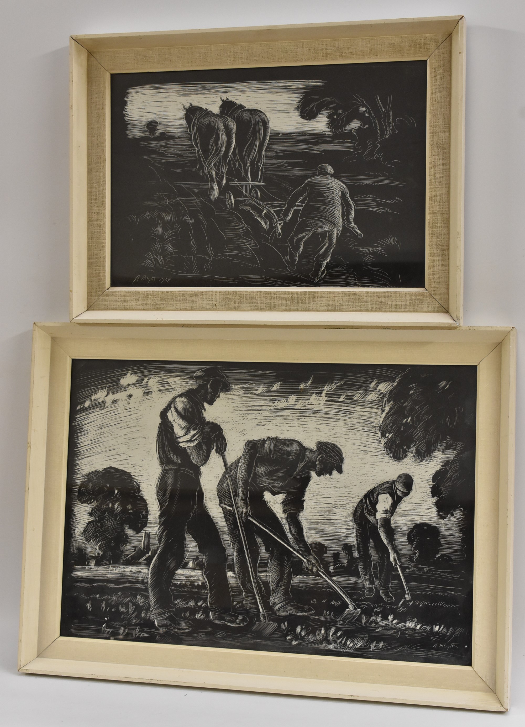 Alan Blyth (1900 - 1953) Tilling the Field signed, scratchboard engraving,