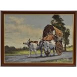 Asian School (mid-20th century) Ox Drawn Wagon indistinctly signed, 58.